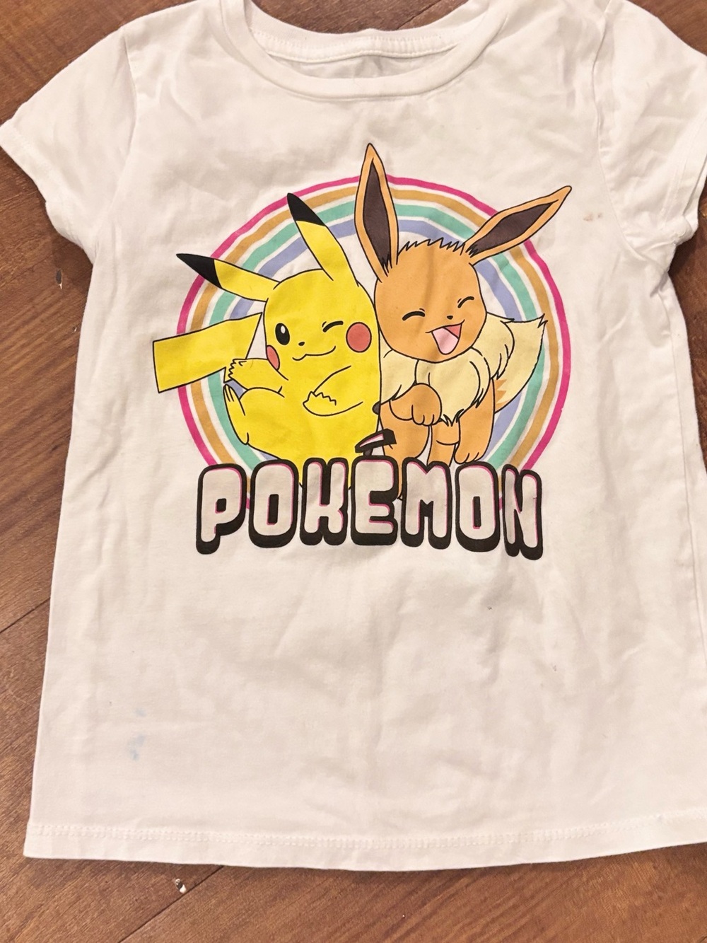Pokemon White Tee with Pikachu & Eevee Rainbow Graphic